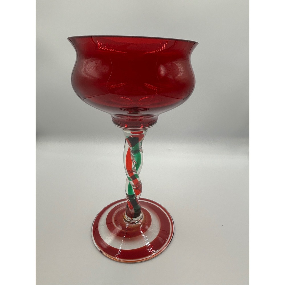 Hand Blown Poland Glass‎ Goblet Red Green White Twisted Stem Spiral Base Holiday